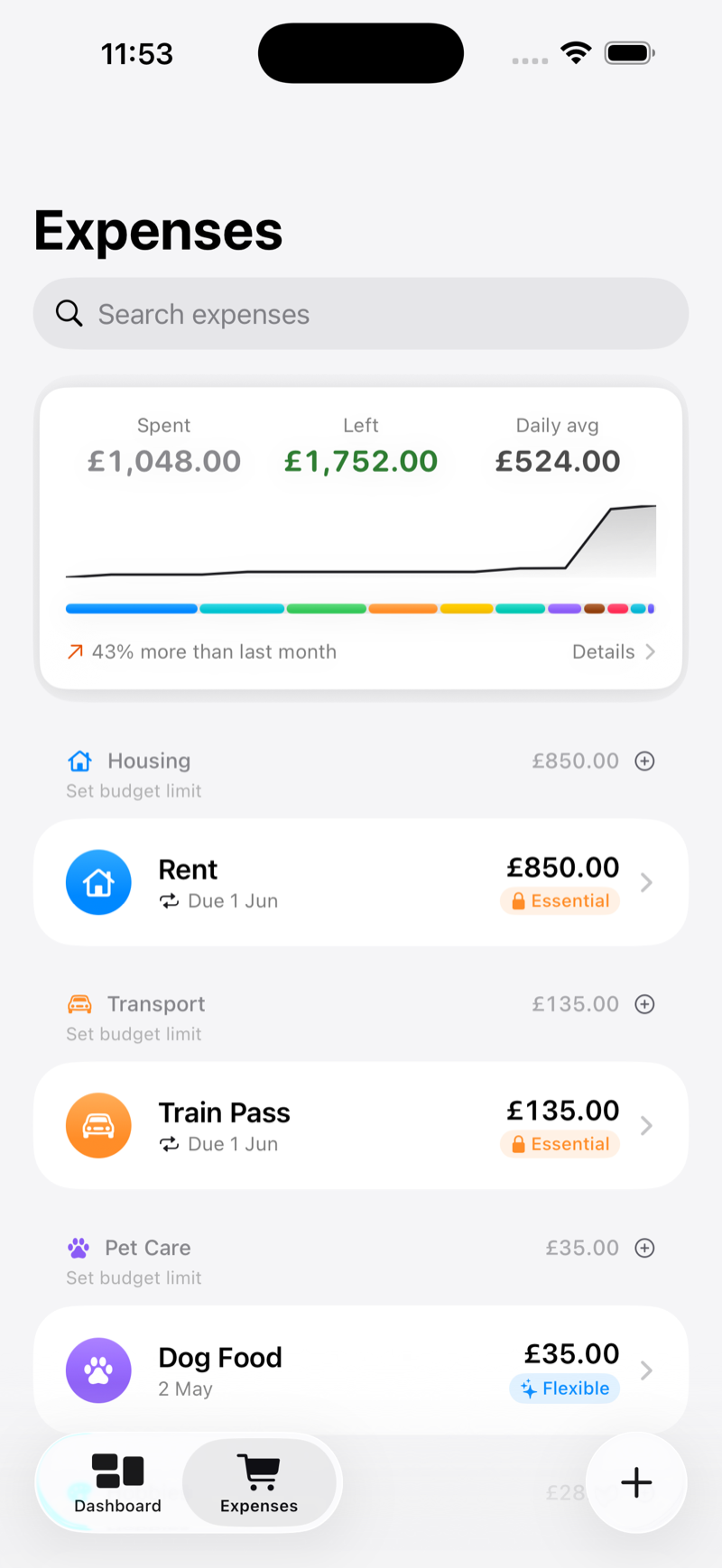Clearway expenses list with recurring and one-off spending