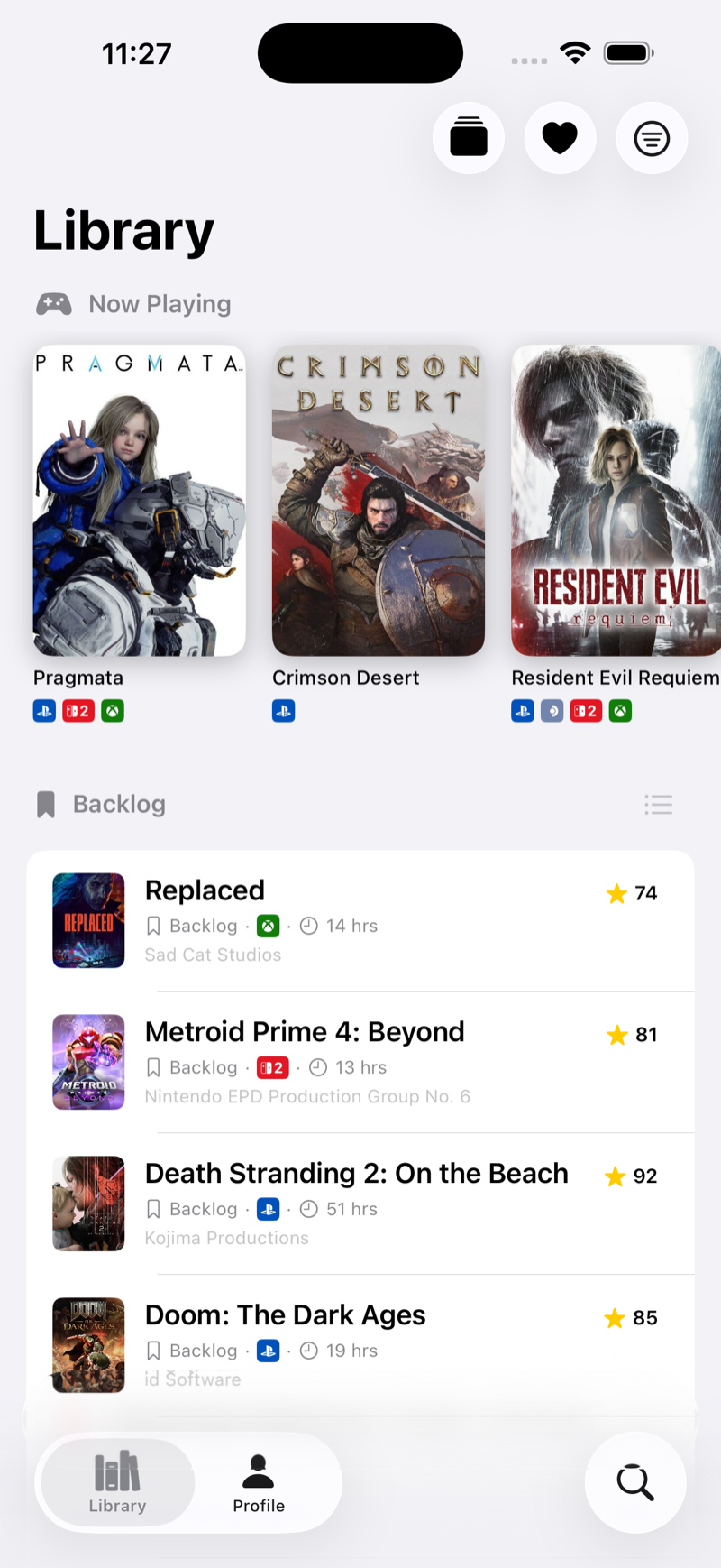 Pocket Backlog Library view