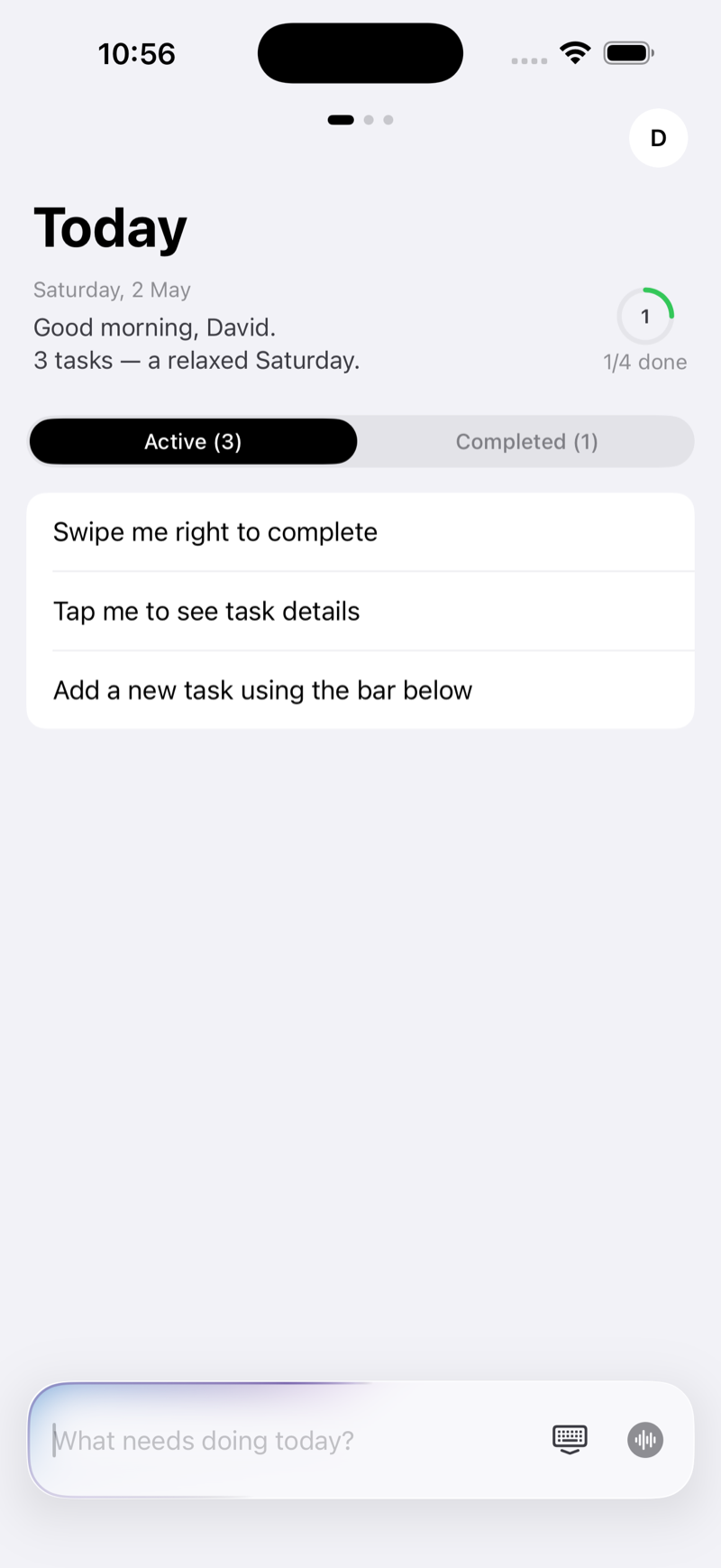 Pocket Task Today view showing three tasks for the day