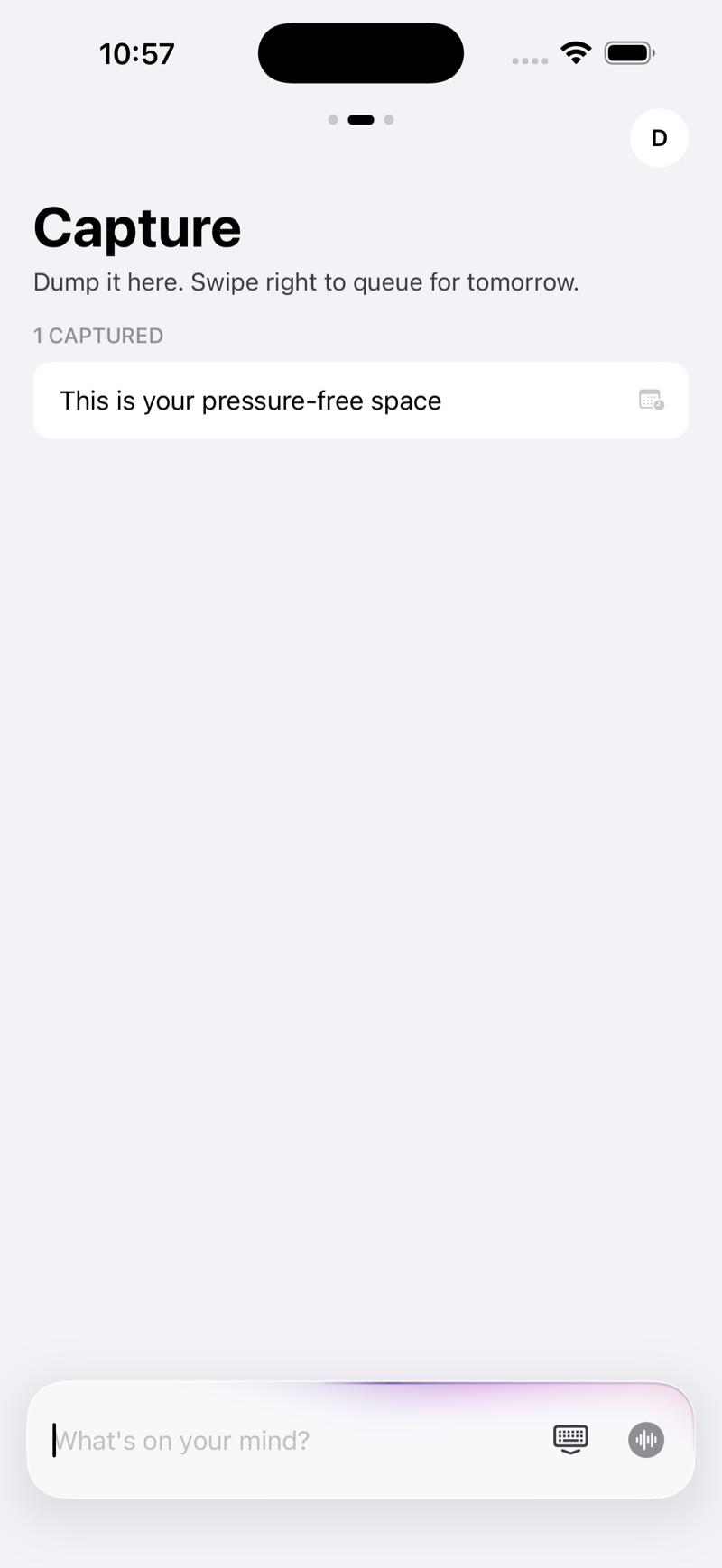 Pocket Task Capture view, a pressure-free dump space