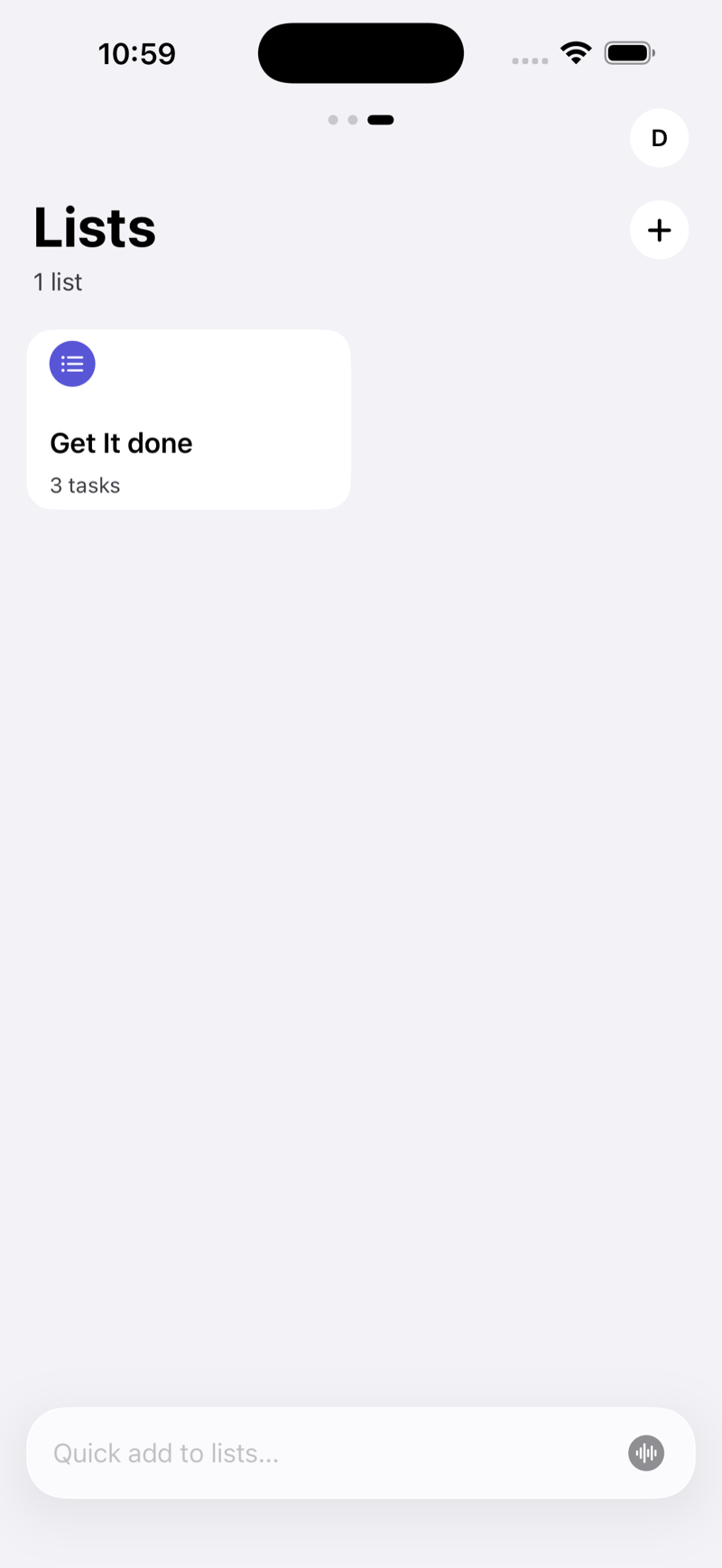 Pocket Task Lists view with a single Get It Done list